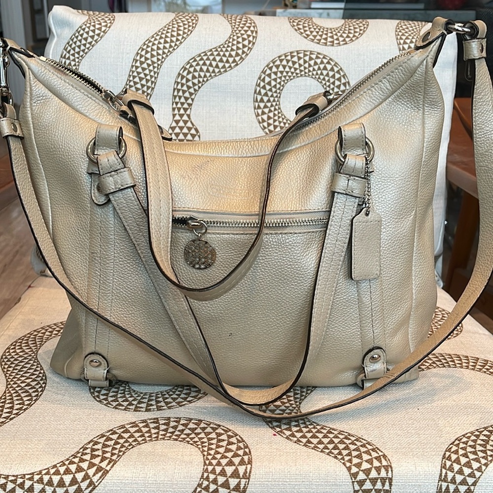 Coach Alexandra bag in pearl/ivory pebbled leather with blue satin lining